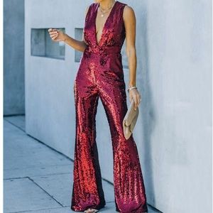 Sequin V neck flare leg jumpsuit
